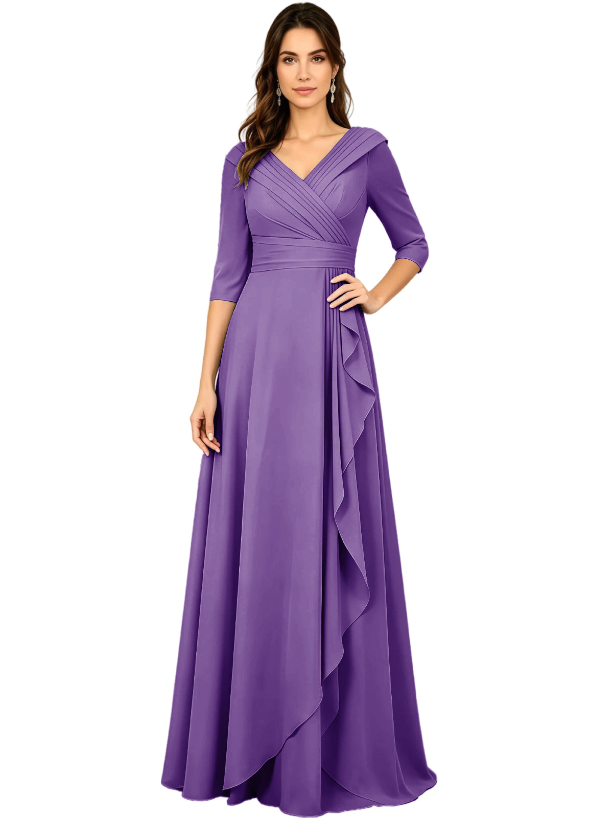 Long V-Neck Mother of the Bride Dress Chiffon Half Sleeve A-Line Gown with Side Ruffle