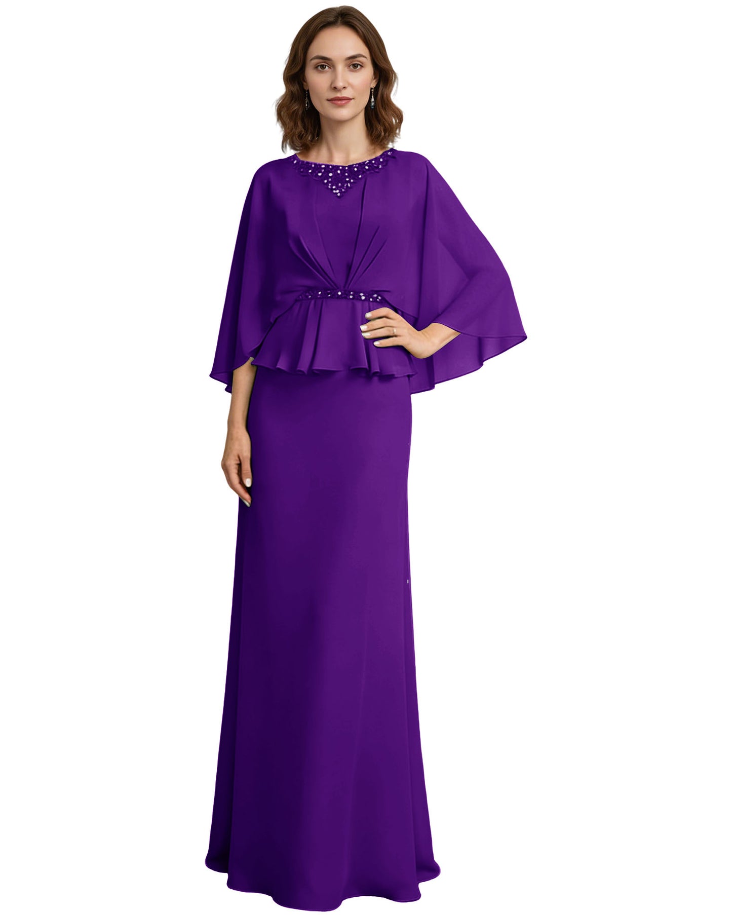 Capelet Mother of the Bride Dress Long Beaded Neck Peplum Chiffon Formal Gown
