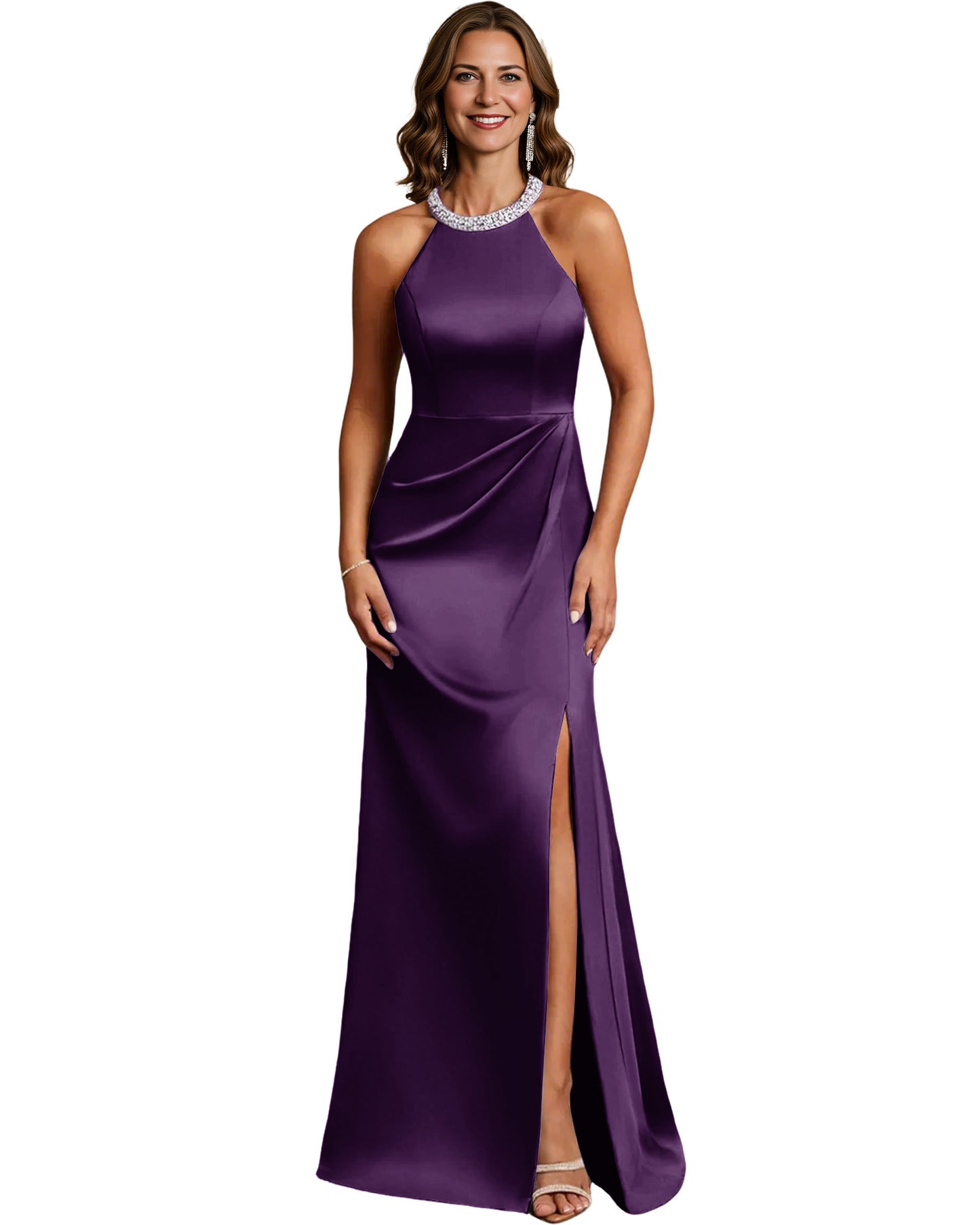 Halter Neck Mother of the Bride Dress Satin Mermaid Gown with Beaded Collar and Slit