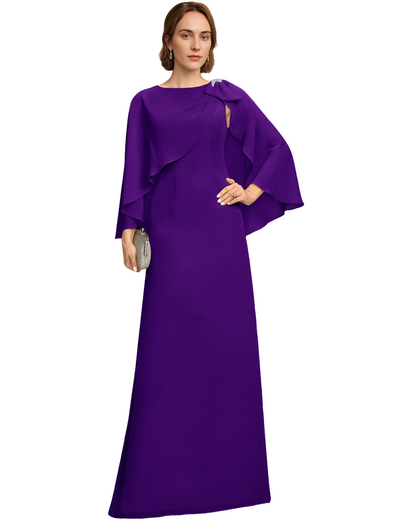 Long Cape Sleeve Mother of the Bride Dress Jewel Neck Chiffon Column Gown with Bow Detail