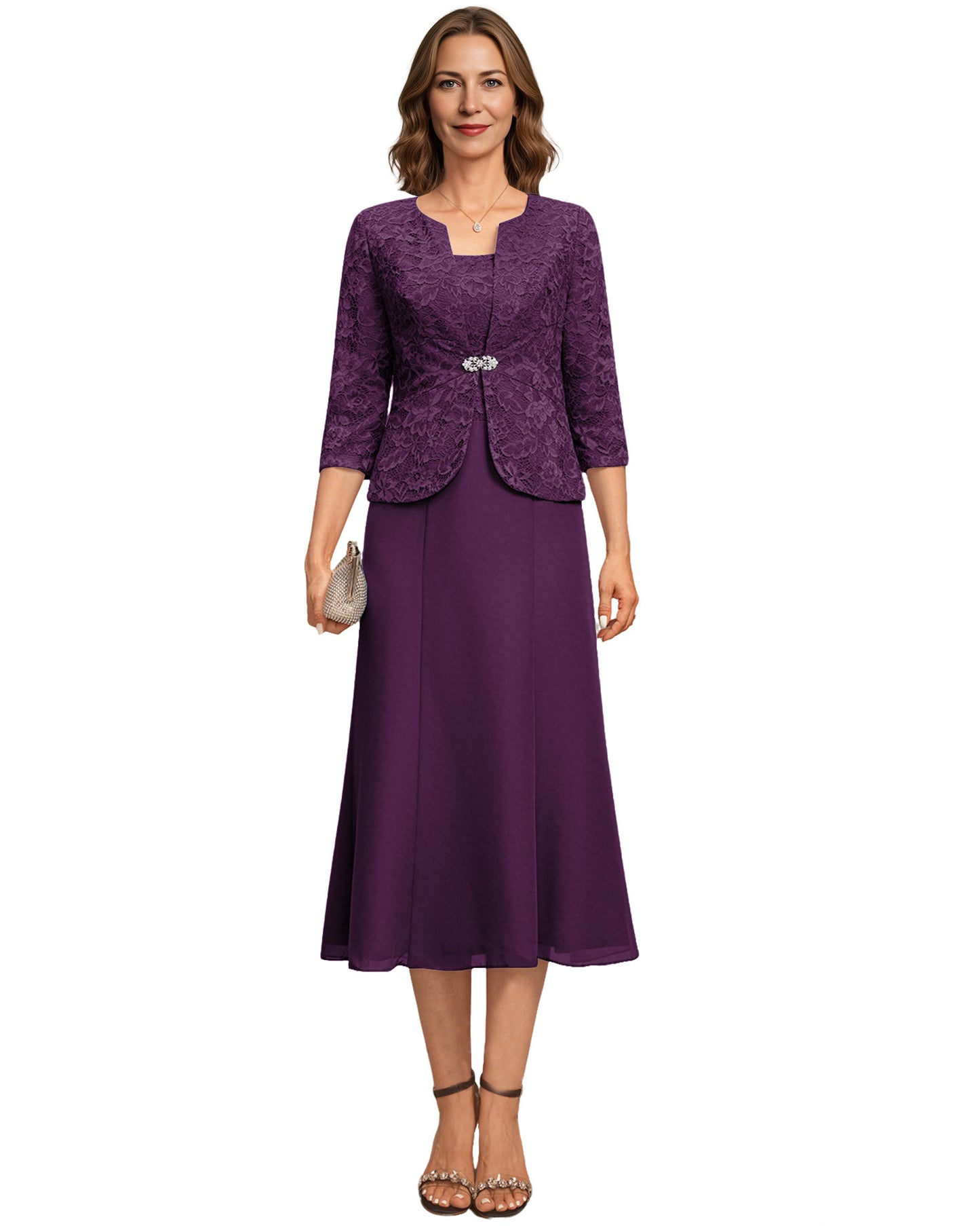 Tea Length Mother of the Bride Dress Lace Jacket Chiffon A-Line Wedding Guest Outfit