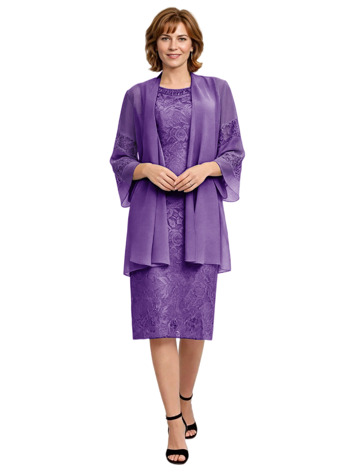 Mother of the Bride Dress with Jacket Knee Length Lace Formal Wedding Guest Outfit