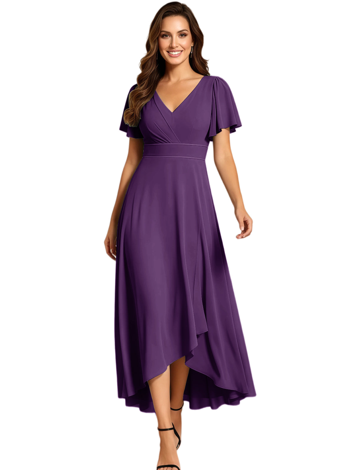 High Low Mother of the Bride Dress V-Neck Flutter Sleeve Chiffon Formal Gown