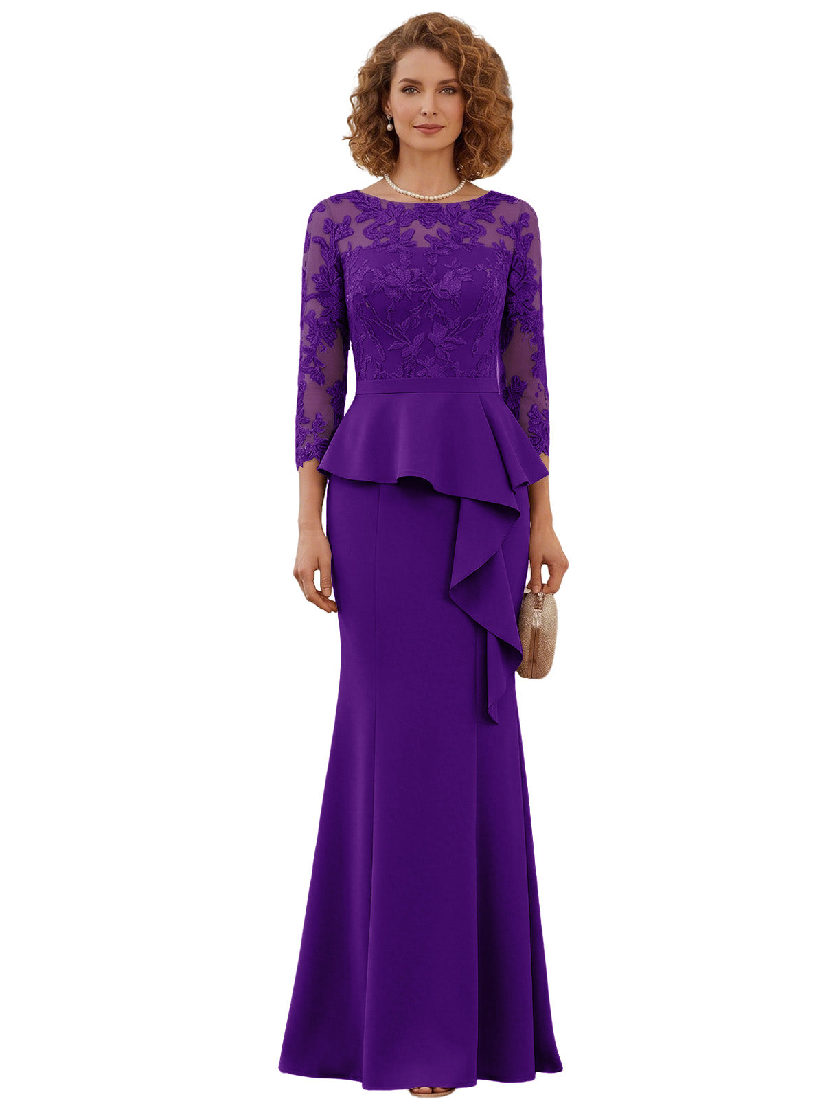 Long Mother of the Bride Dress Lace Illusion Bodice Peplum Mermaid Formal Evening Gown