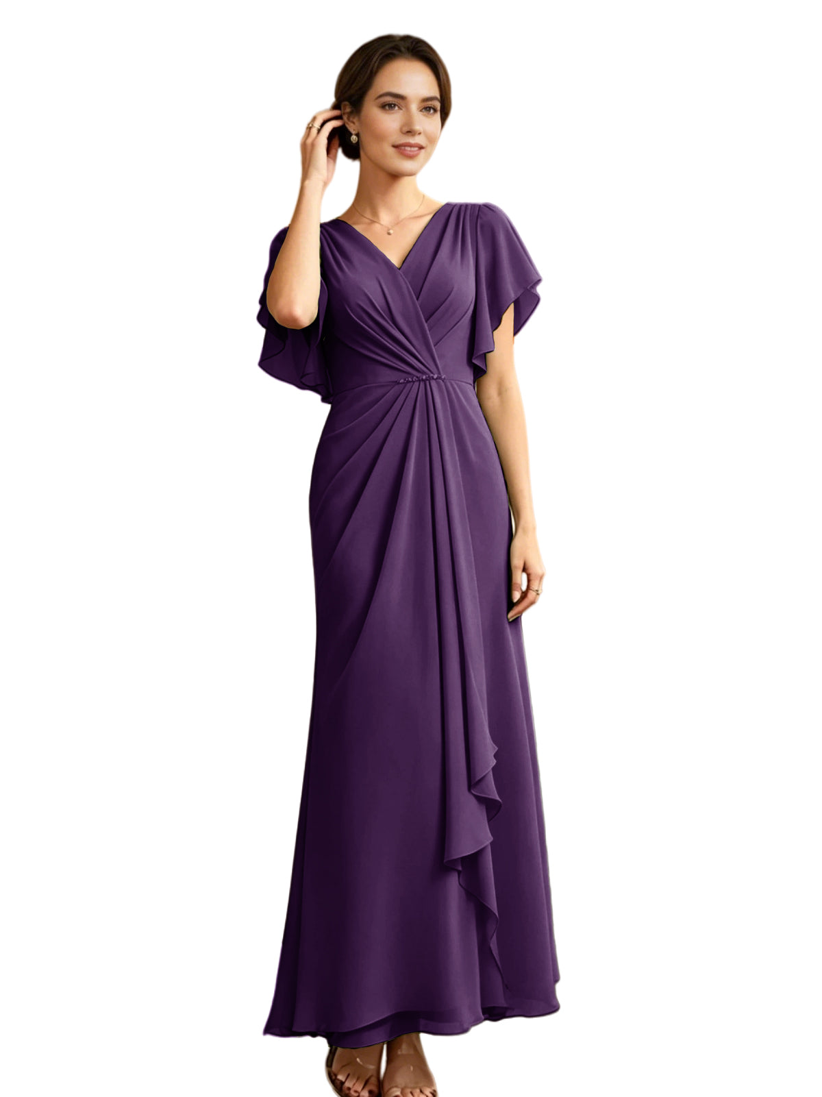 Long Chiffon Mother of the Bride Dress V-Neck Flutter Sleeve A-Line Gown with Beaded Waist