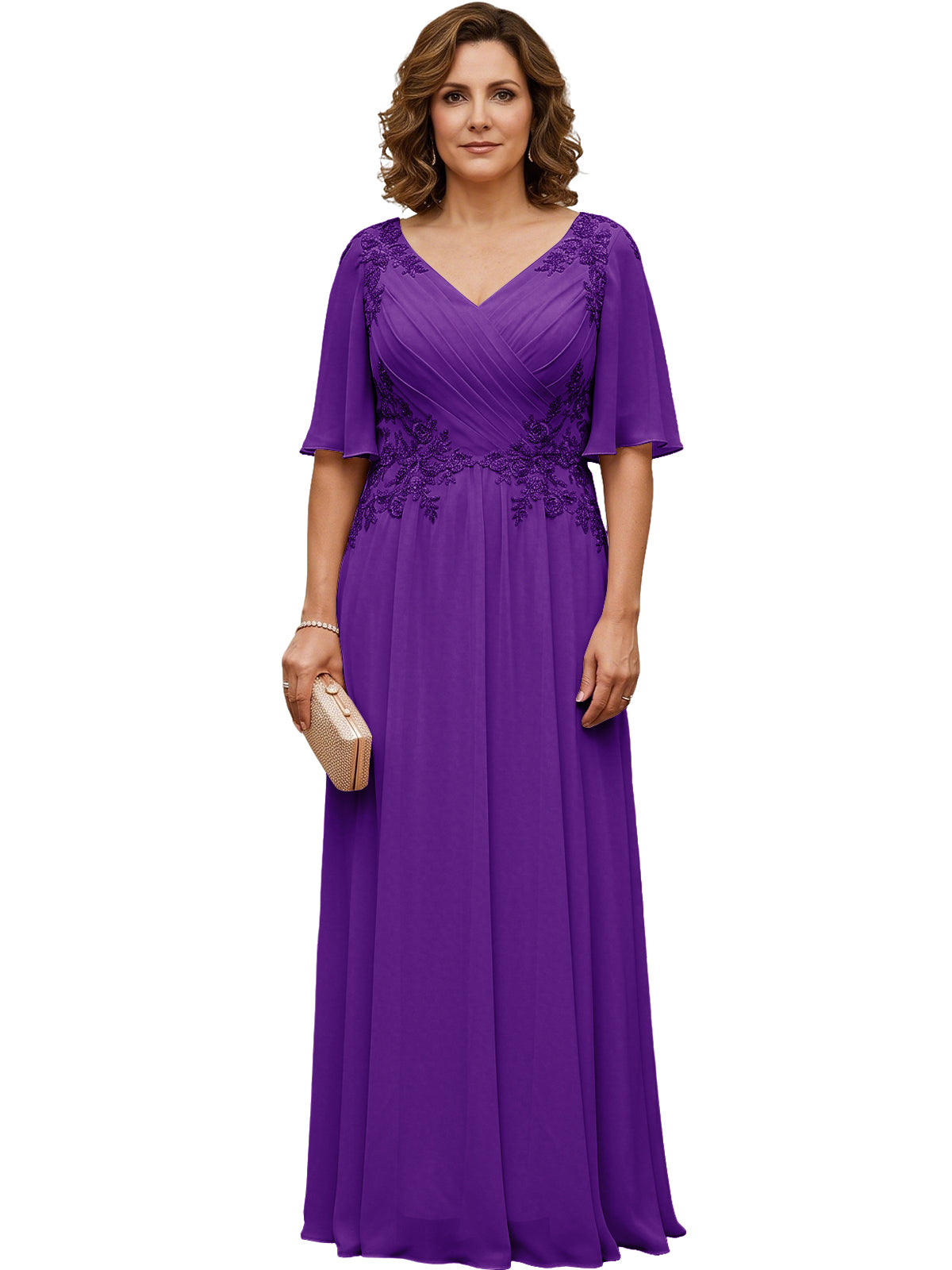 Mother of the Bride Dress Long Chiffon A-Line Gown with Flutter Sleeves and Beaded Lace