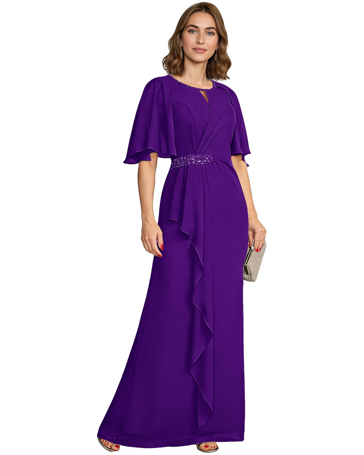 Long Mother of the Bride Dress Chiffon Flutter Sleeve Beaded Waist Formal A-Line Gown