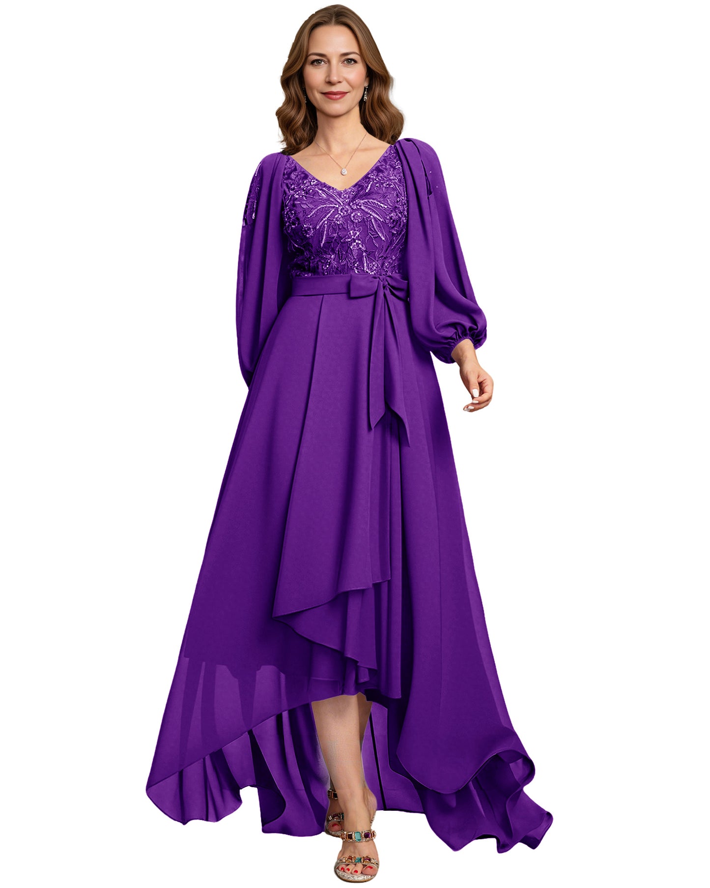 High Low Mother of the Bride Dress Lace Bodice Chiffon Jacket Formal Wedding Gown