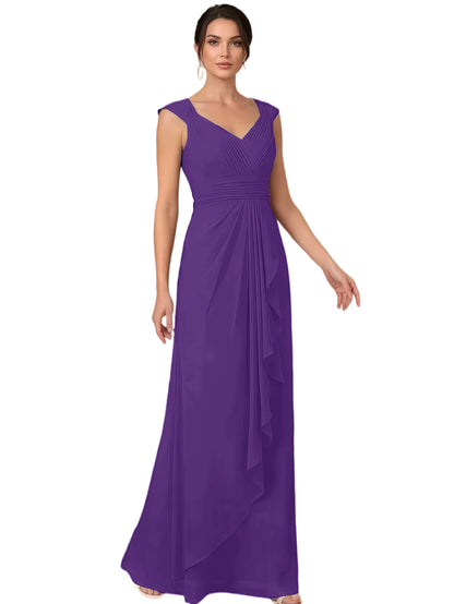 Mother of the Bride Dress Long Sleeveless V-Neck Chiffon Formal Gown with Ruffle Detail