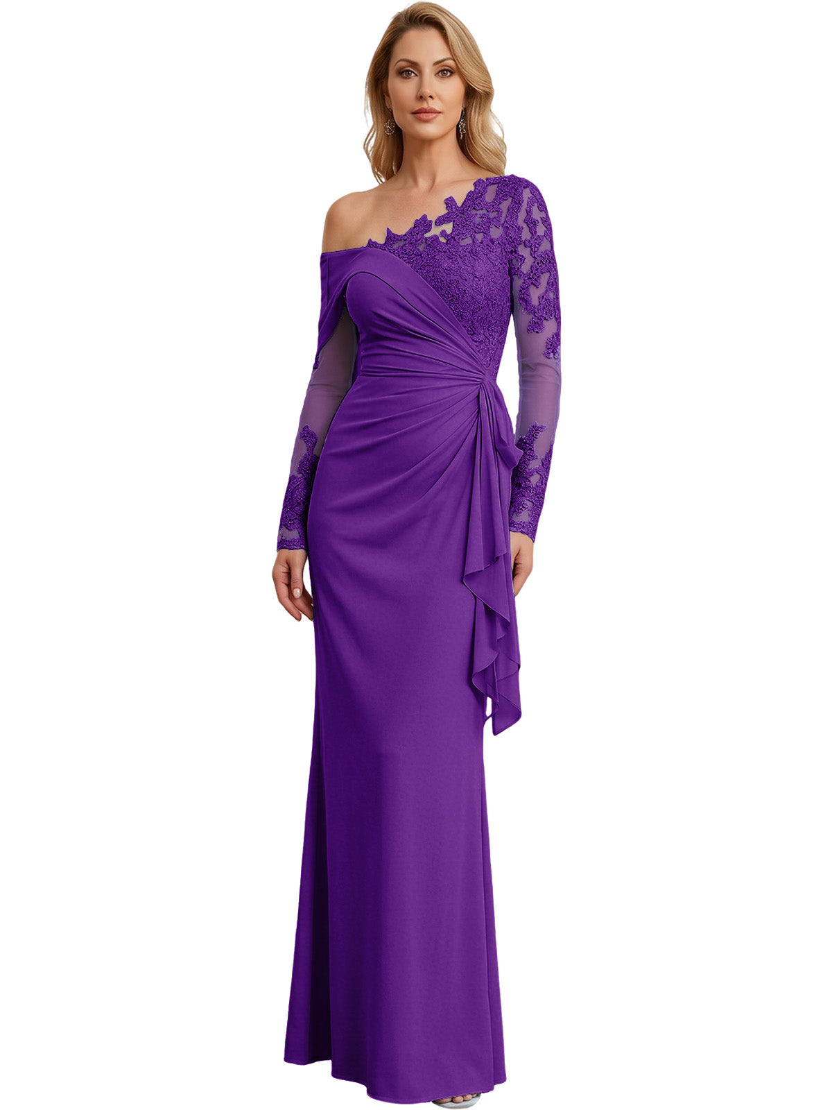 One Shoulder Mother of the Bride Gown Long Lace Sleeve Mermaid Dress with Draped Ruffle