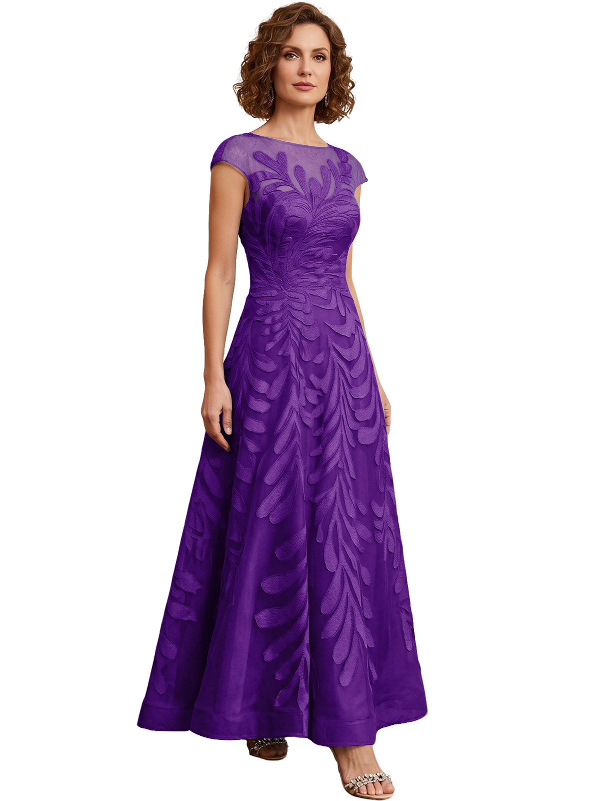 Embroidered Tulle Mother of the Bride Dress Long A-Line Gown with Illusion Cap Sleeves