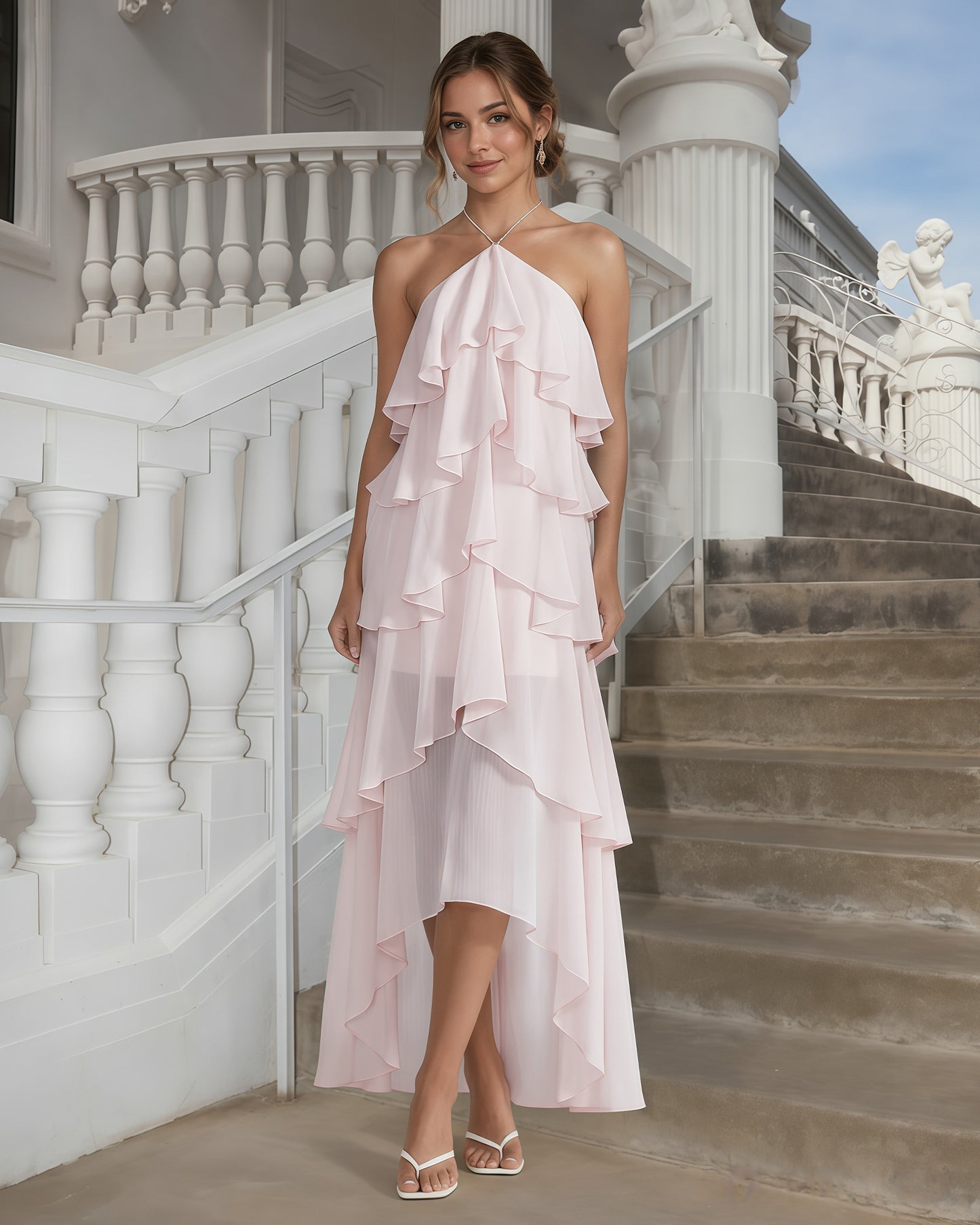 One-Shoulder Tiered Ruffle High-Low Chiffon Formal Dress