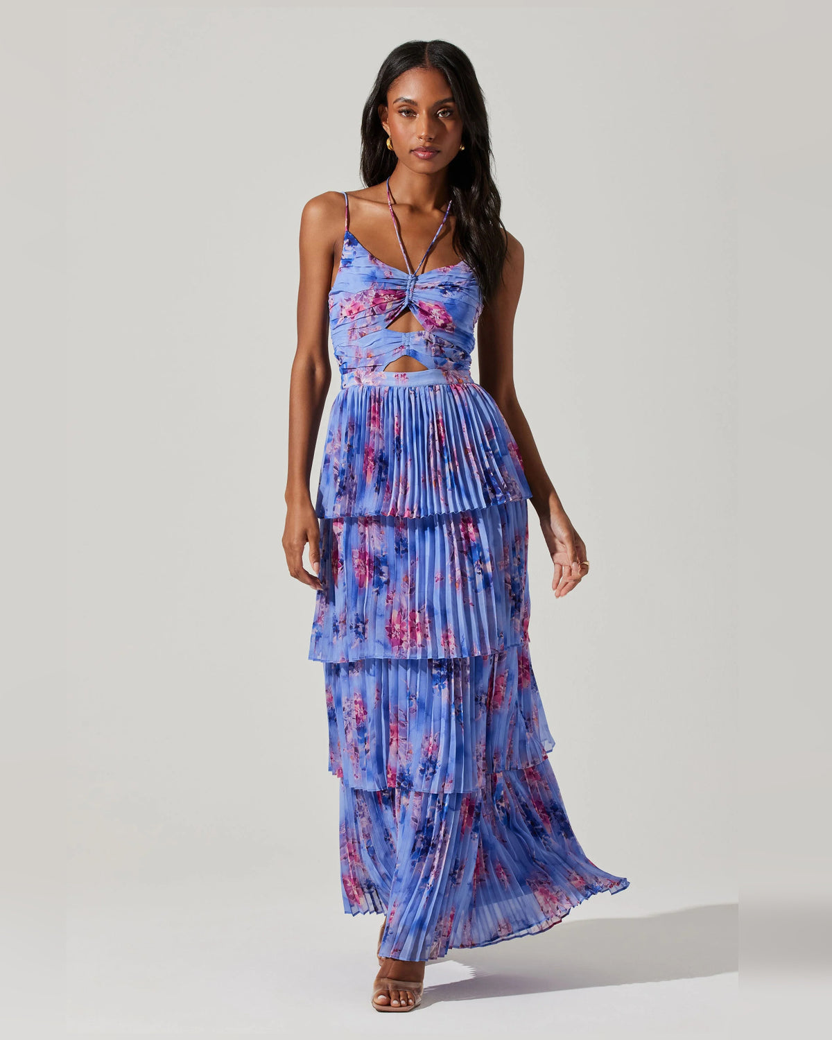 Pleated Floral Print Spaghetti Strap A-Line Maxi Formal Dress for Dinner Dance