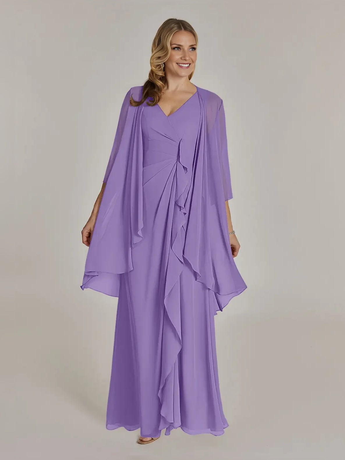 Layered Ruffled V Neck Sheath Maxi Chiffon Mother of the Bride Dress for Reception Dinner