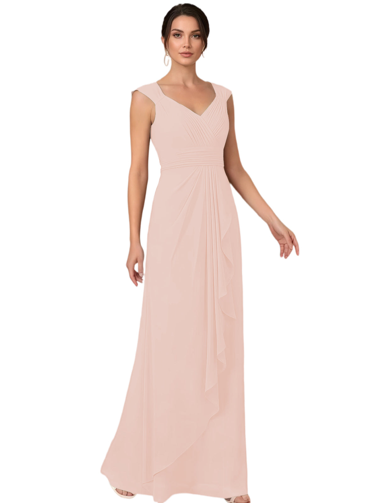 Mother of the Bride Dress Long Sleeveless V-Neck Chiffon Formal Gown with Ruffle Detail