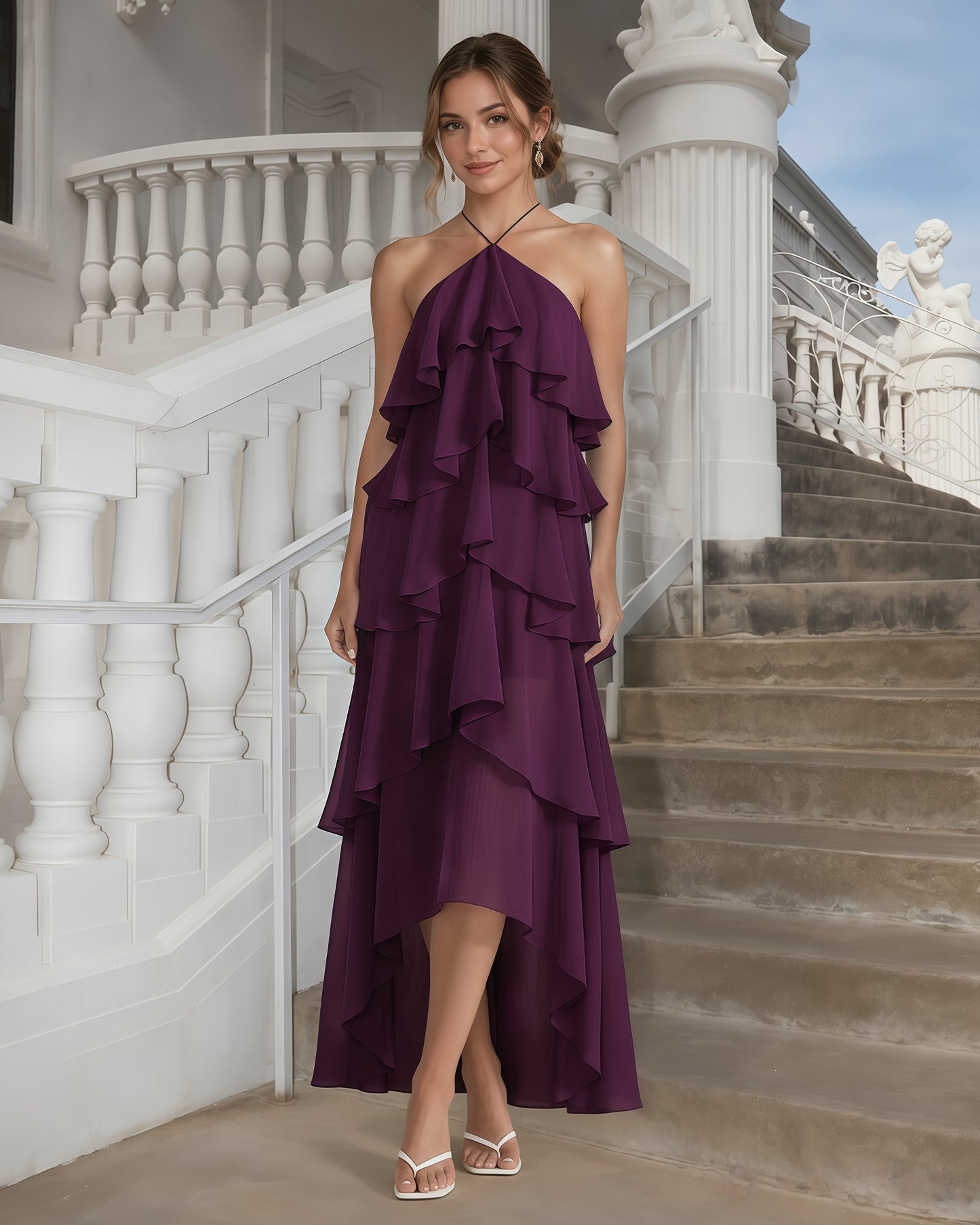 One-Shoulder Tiered Ruffle High-Low Chiffon Formal Dress