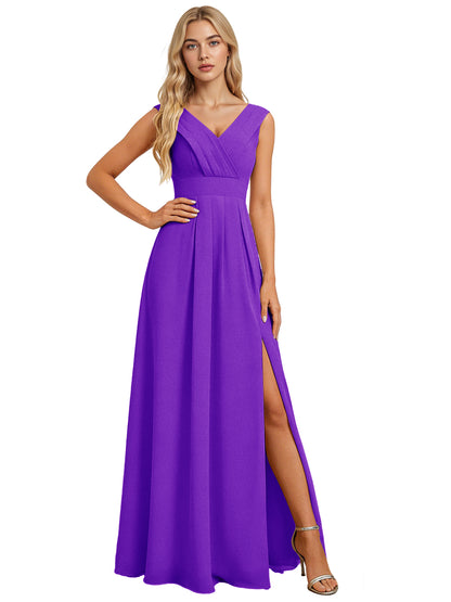 Surplice V-Neck Chiffon Bridesmaid Dress with A-Line Slit dress