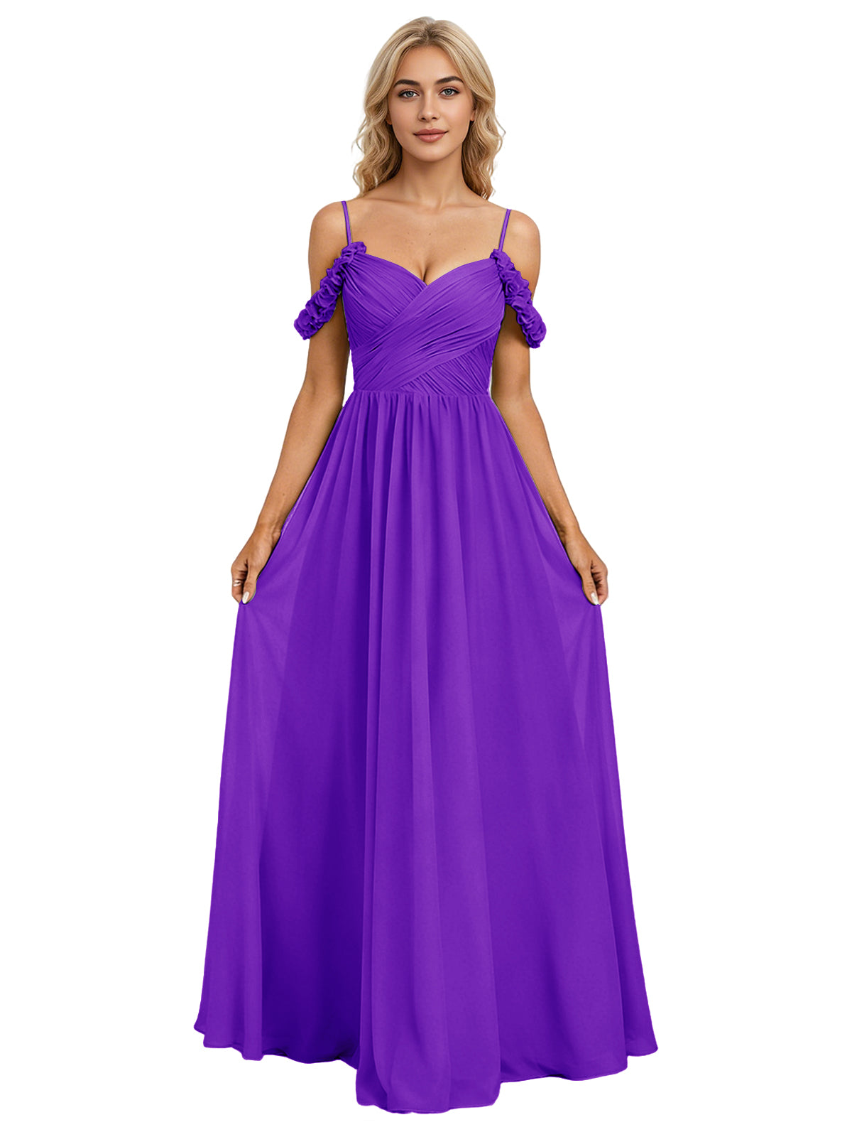 Off Shoulder Lace Applique Bridesmaid Dress with Flowing Chiffon dress