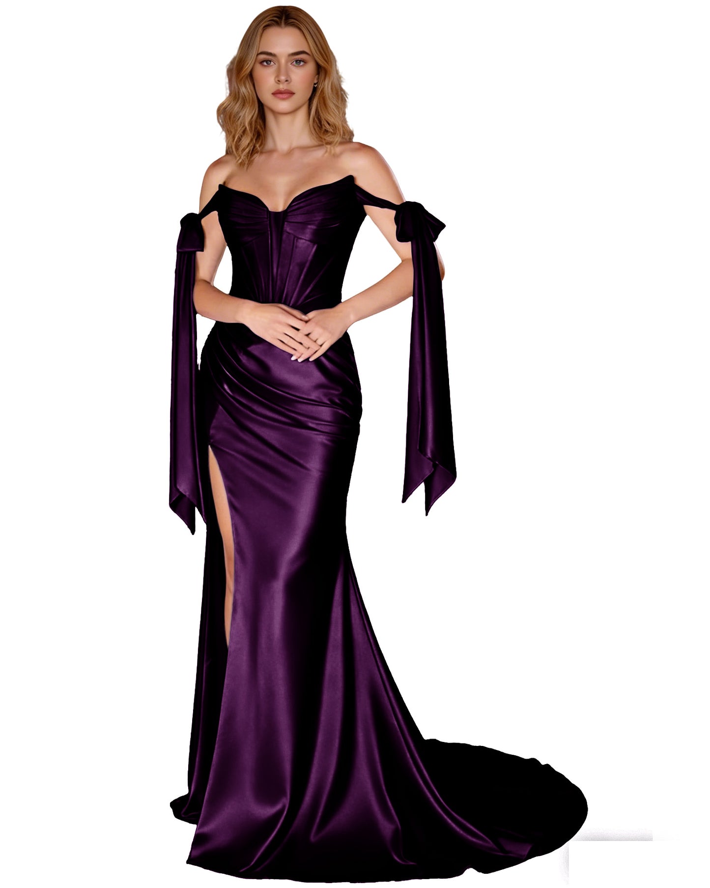 Off Shoulder Satin Mermaid Prom Dress with Detachable Long Sleeves