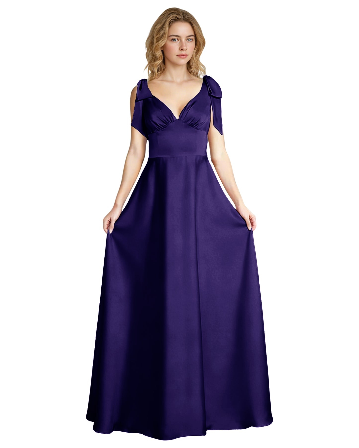 V-Neck Bow Strap Satin Bridesmaid Dress with Empire Waist