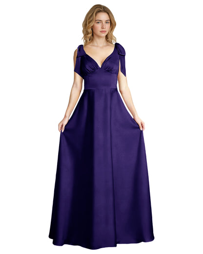 V-Neck Bow Strap Satin Bridesmaid Dress with Empire Waist