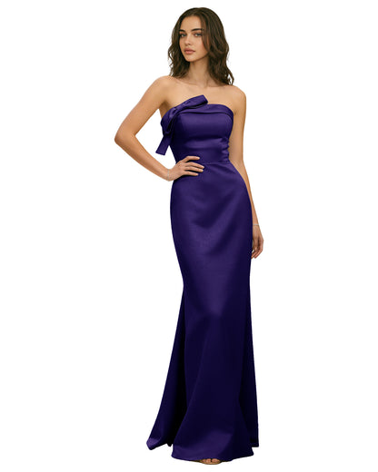Strapless Satin Bridesmaid Dress with Draped Bodice and Side Slit