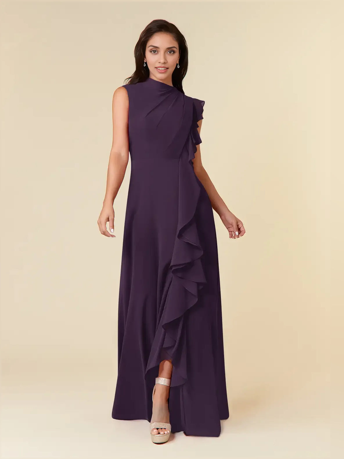 Draped Ruffled High Neck A-Line Maxi Chiffon Bridesmaid Dress for Church Wedding