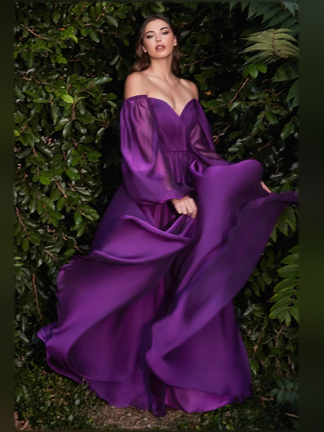 V Neck Puff Sleeves Pleats Floor-Length A Formal Dress