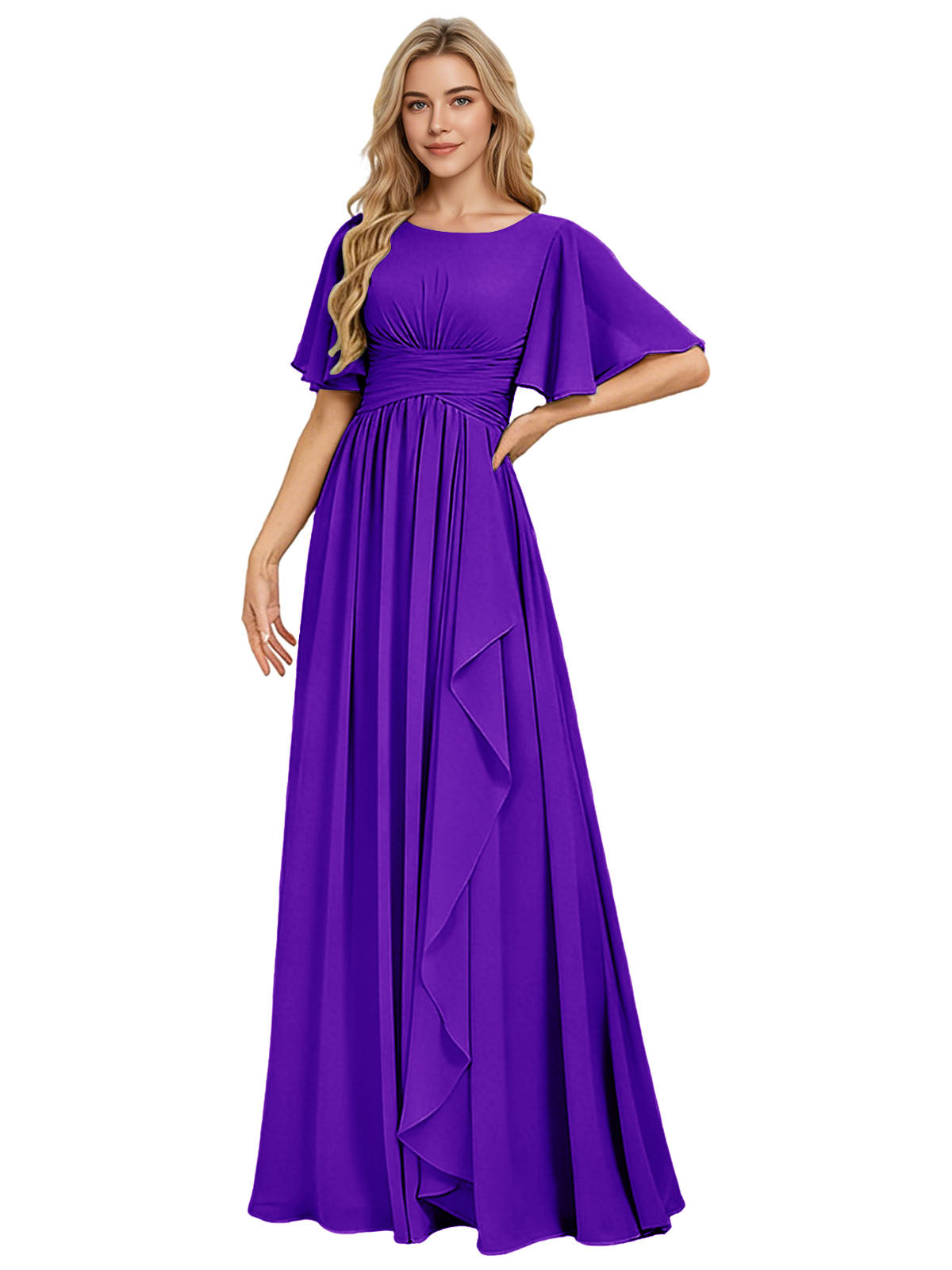 Flutter Sleeve Chiffon Bridesmaid Dress with Tiered Front Ruffle