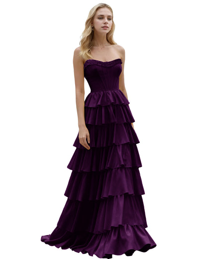 Strapless Tiered Ruffle A-Line Prom Dress with Corset Bodice