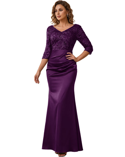 Mother of the Bride Dress Long Lace Mermaid Formal Gown with 3/4 Sleeves