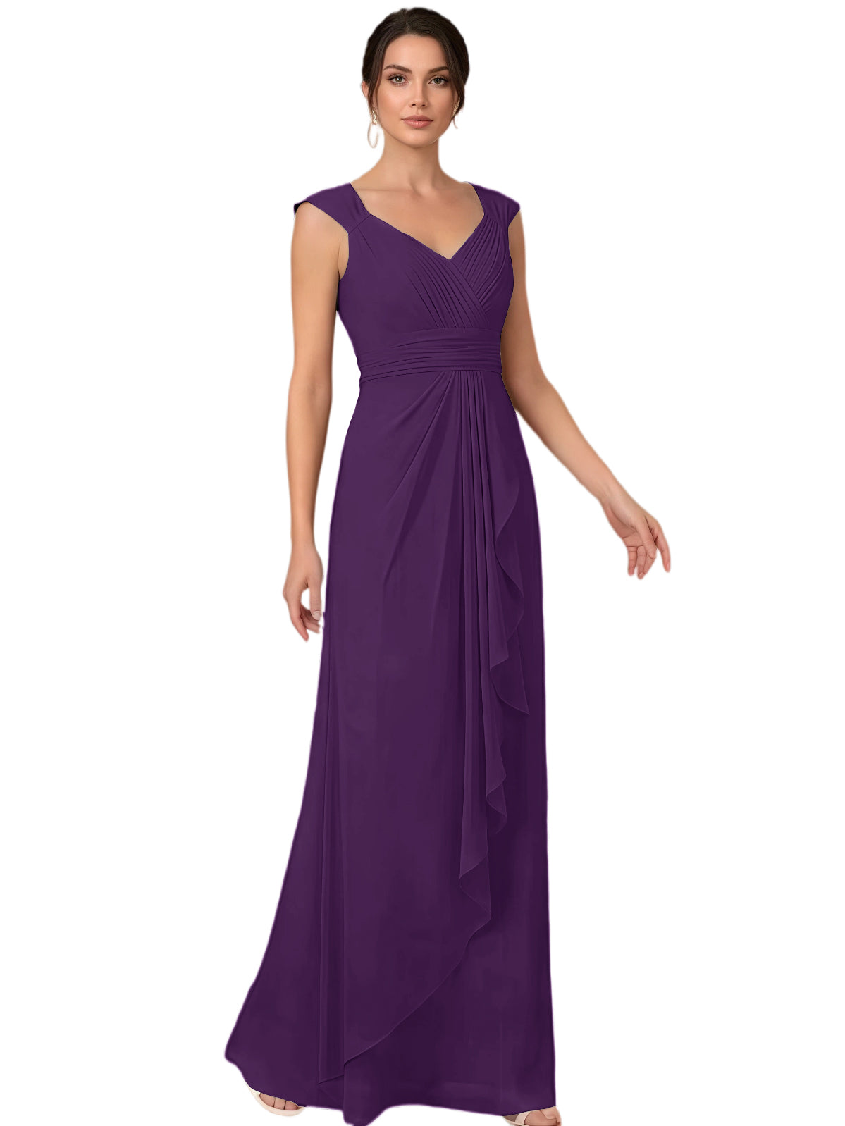 Mother of the Bride Dress Long Sleeveless V-Neck Chiffon Formal Gown with Ruffle Detail