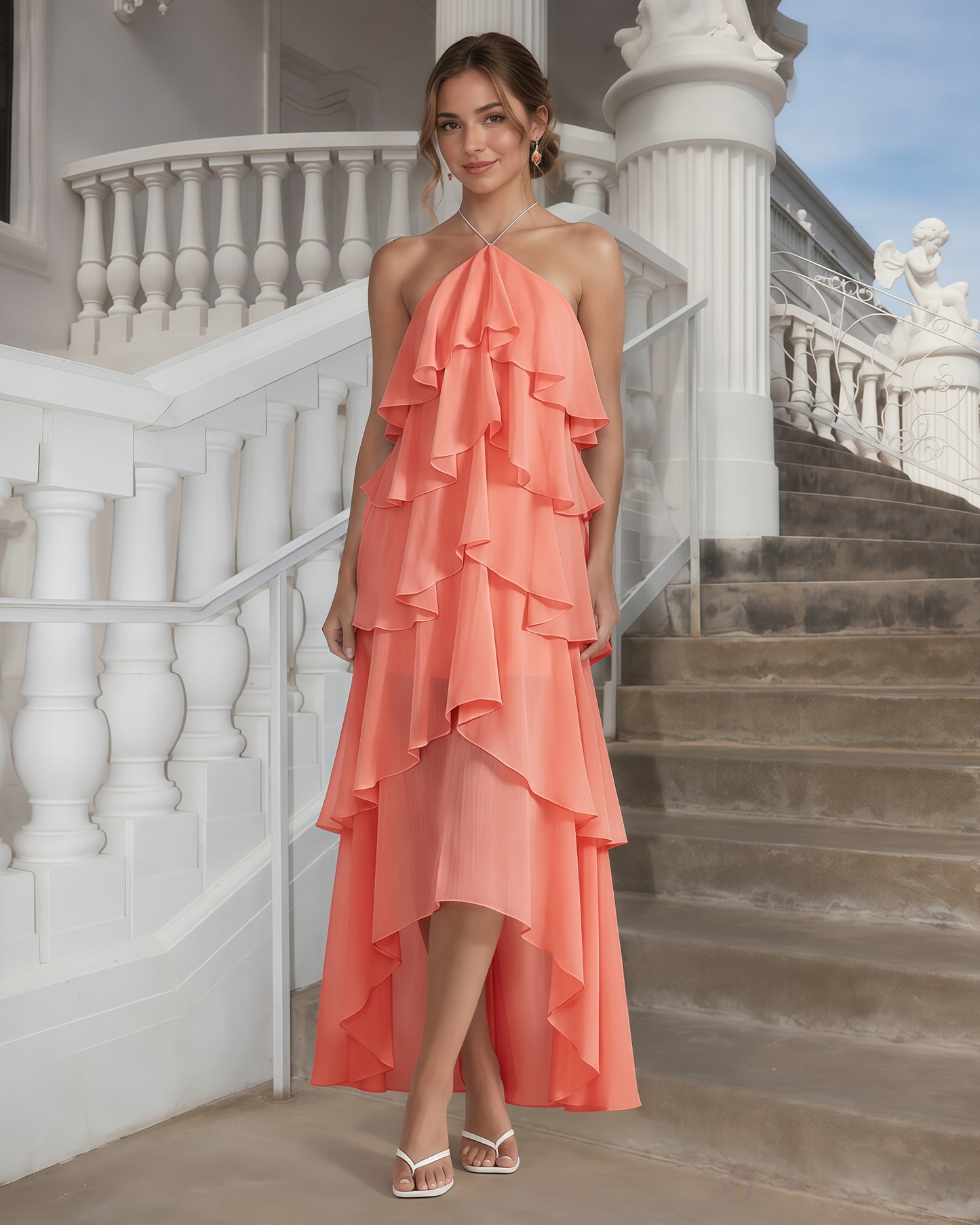 One-Shoulder Tiered Ruffle High-Low Chiffon Formal Dress