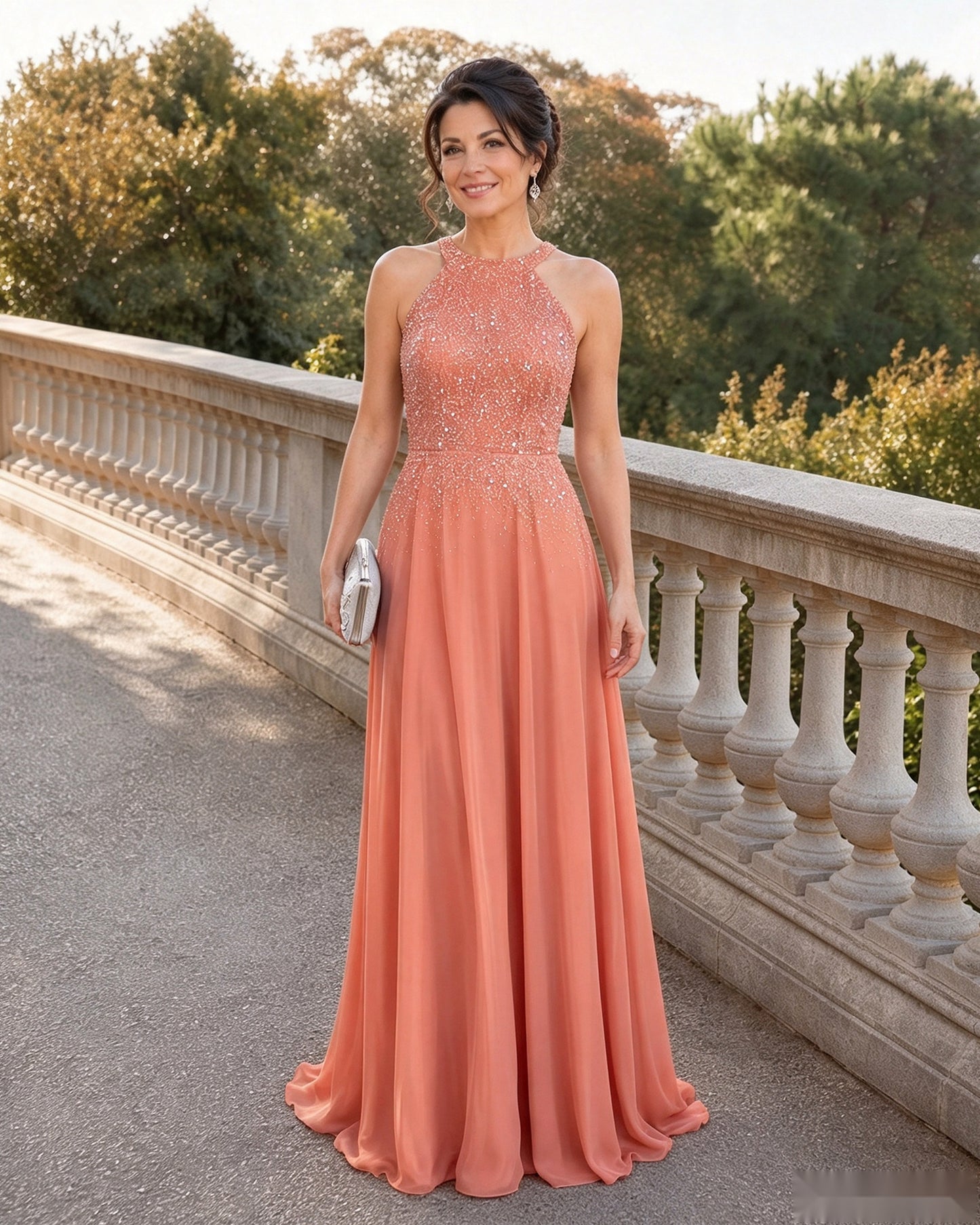 Halter Neck Sequin Chiffon A-Line Mother of the Bride Dress