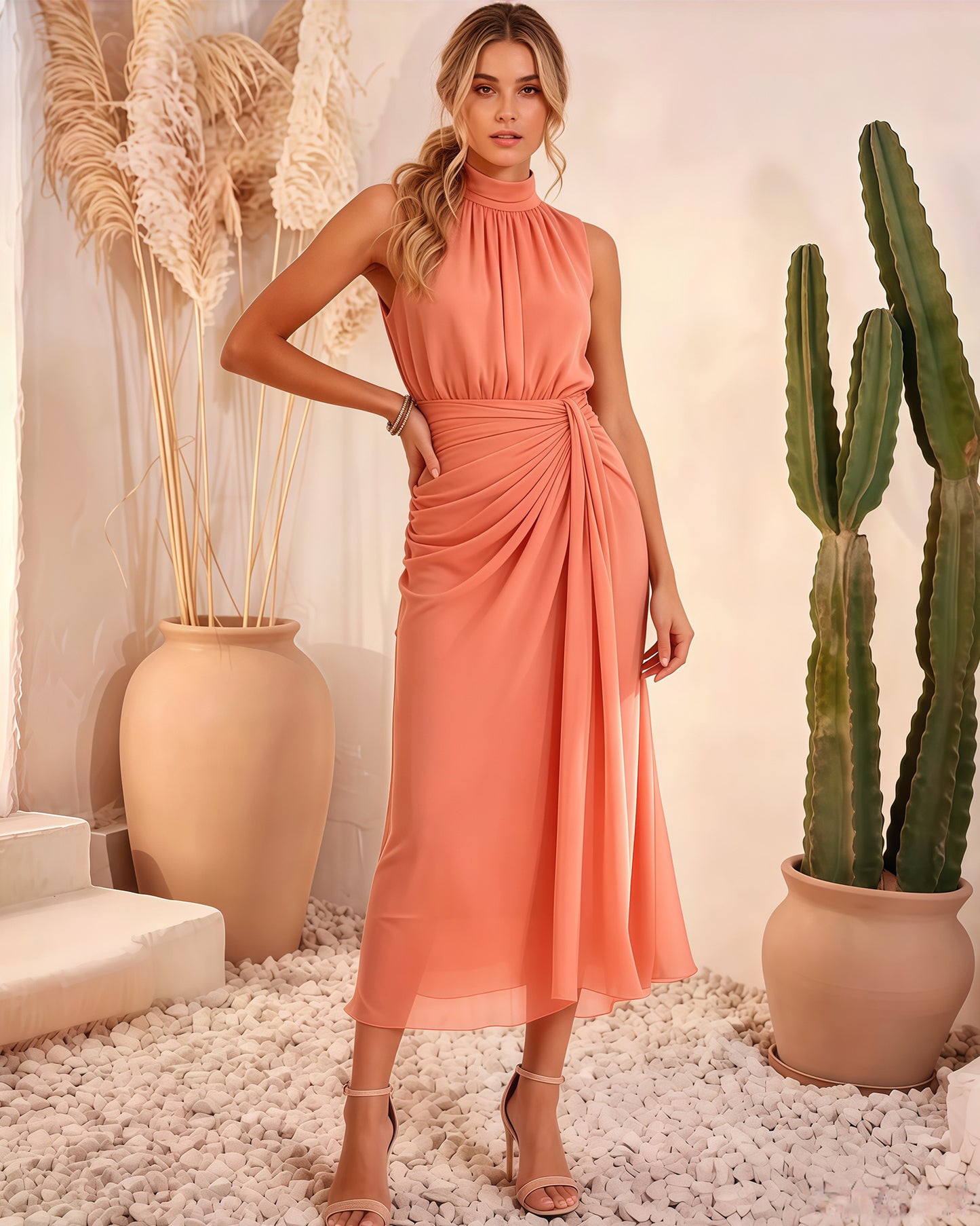 High Neck Chiffon Midi Formal Dress with Ruched Waist