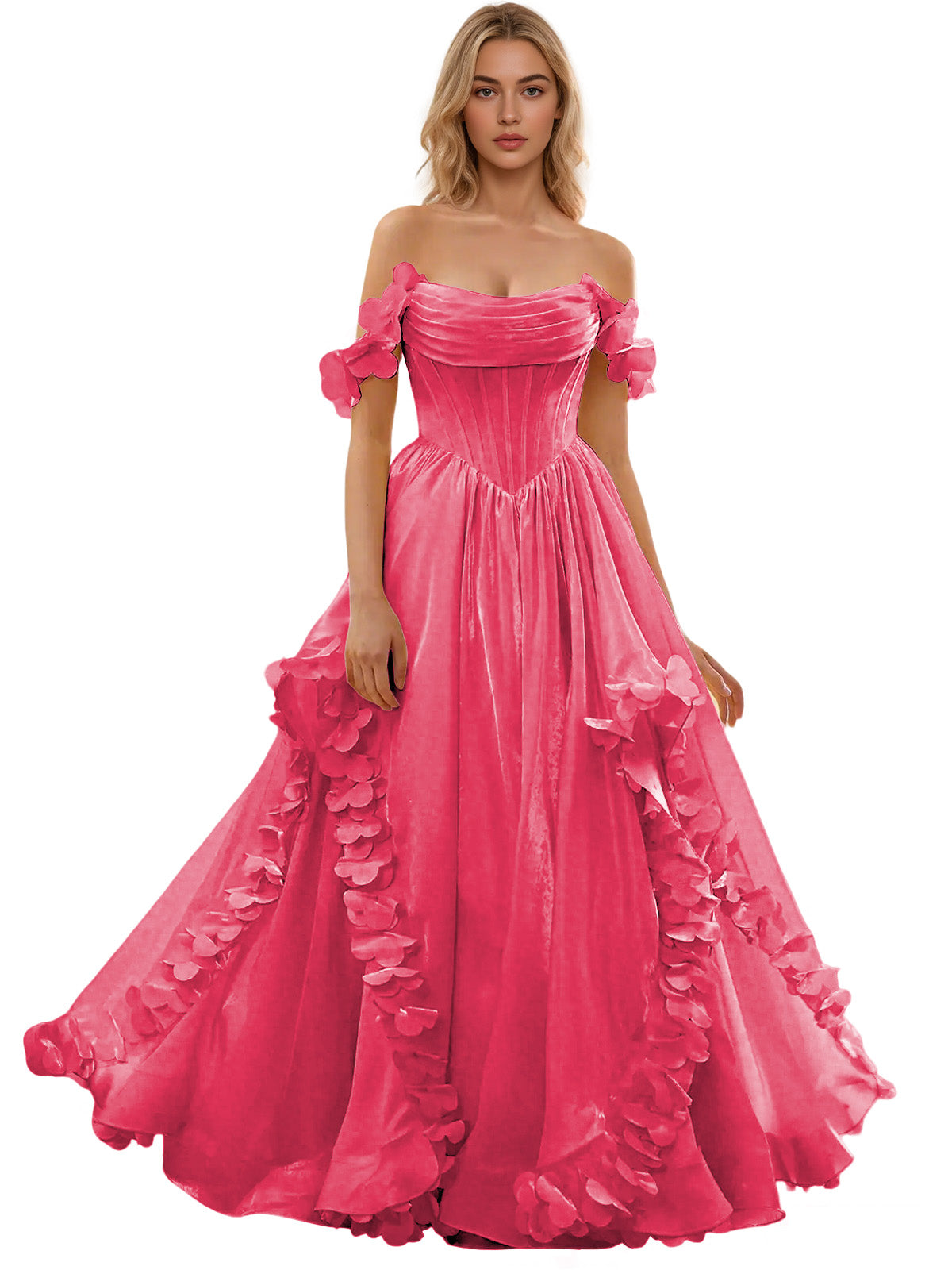 Off Shoulder Ruffle Tulle Ball Gown Prom Dress with Floral Applique