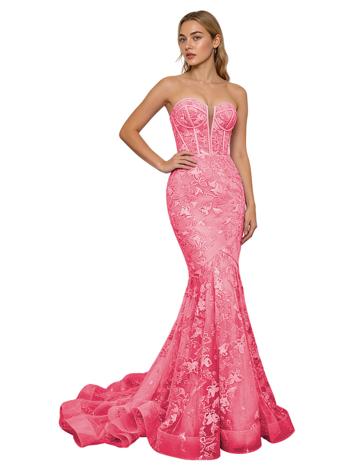 Strapless Lavender Lace Mermaid Prom Dress with Sheer Corset and Train