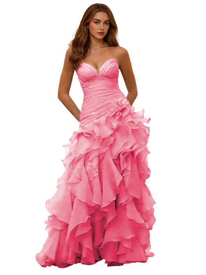 Strapless Organza Ruffle Ball Gown Prom Dress with Draped Corset Bodice