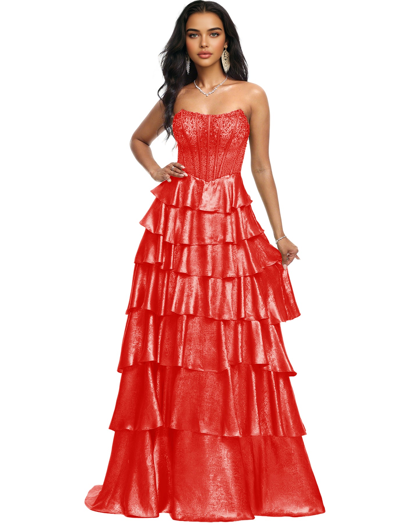 Strapless Tiered Sequin A-Line Prom Dress with Ruffle Layers
