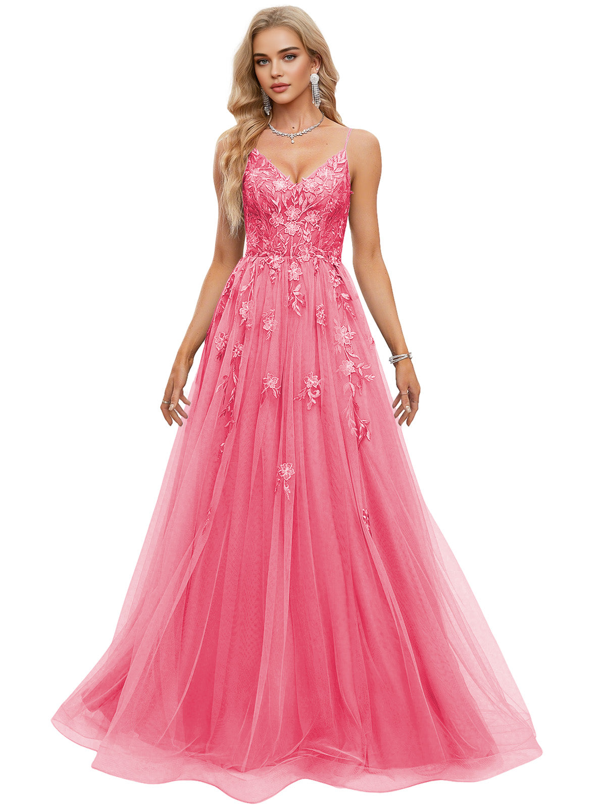 Beaded Bodice Tulle Ball Gown Prom Dress with Spaghetti Straps