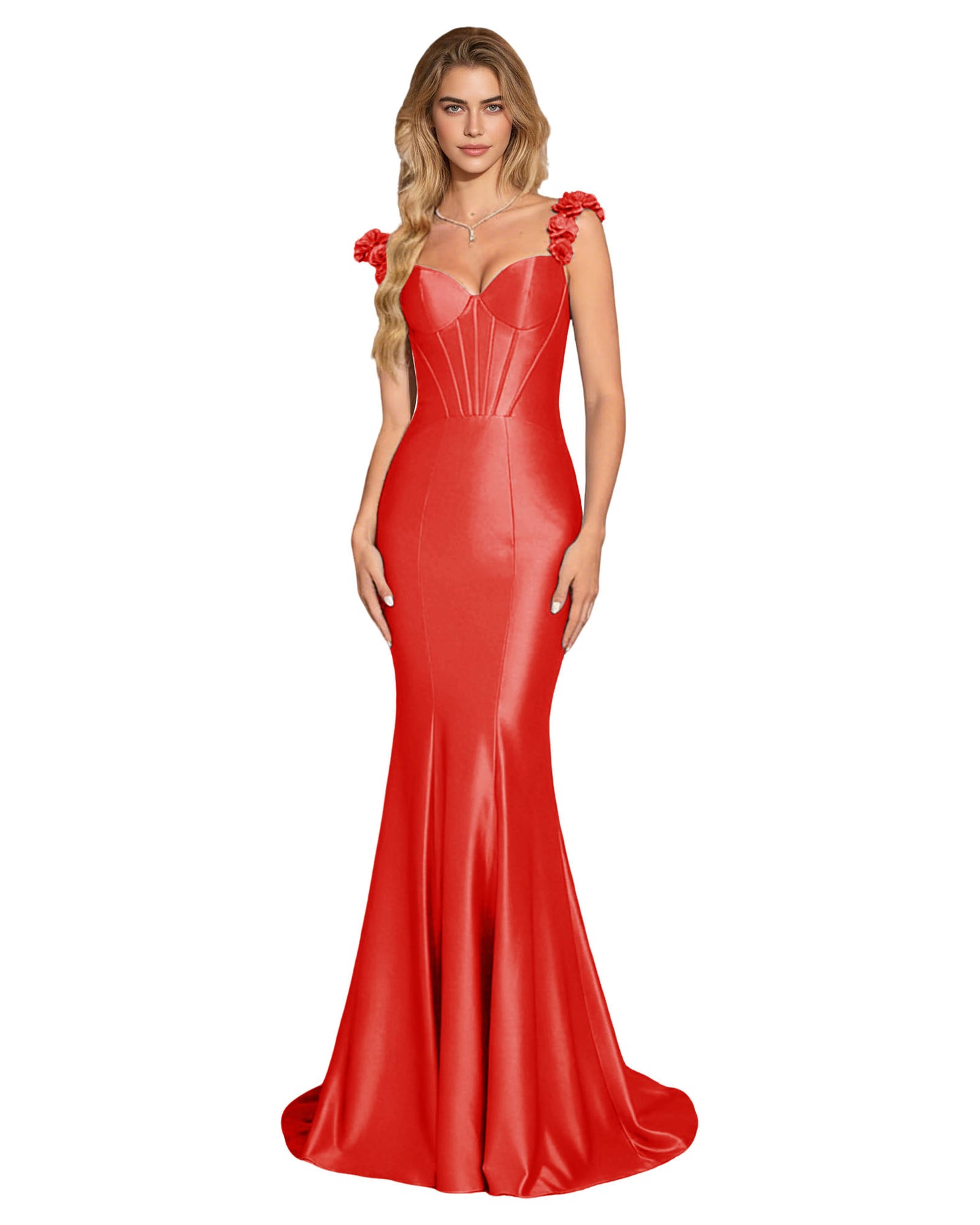 Floral Strap Satin Mermaid Prom Dress with Corset Bodice and Sweep Train