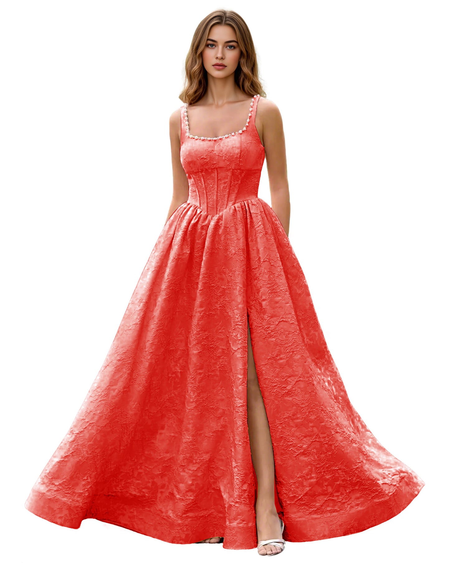 Square Neck Jacquard Ball Gown Prom Dress with Wide Straps and Pockets