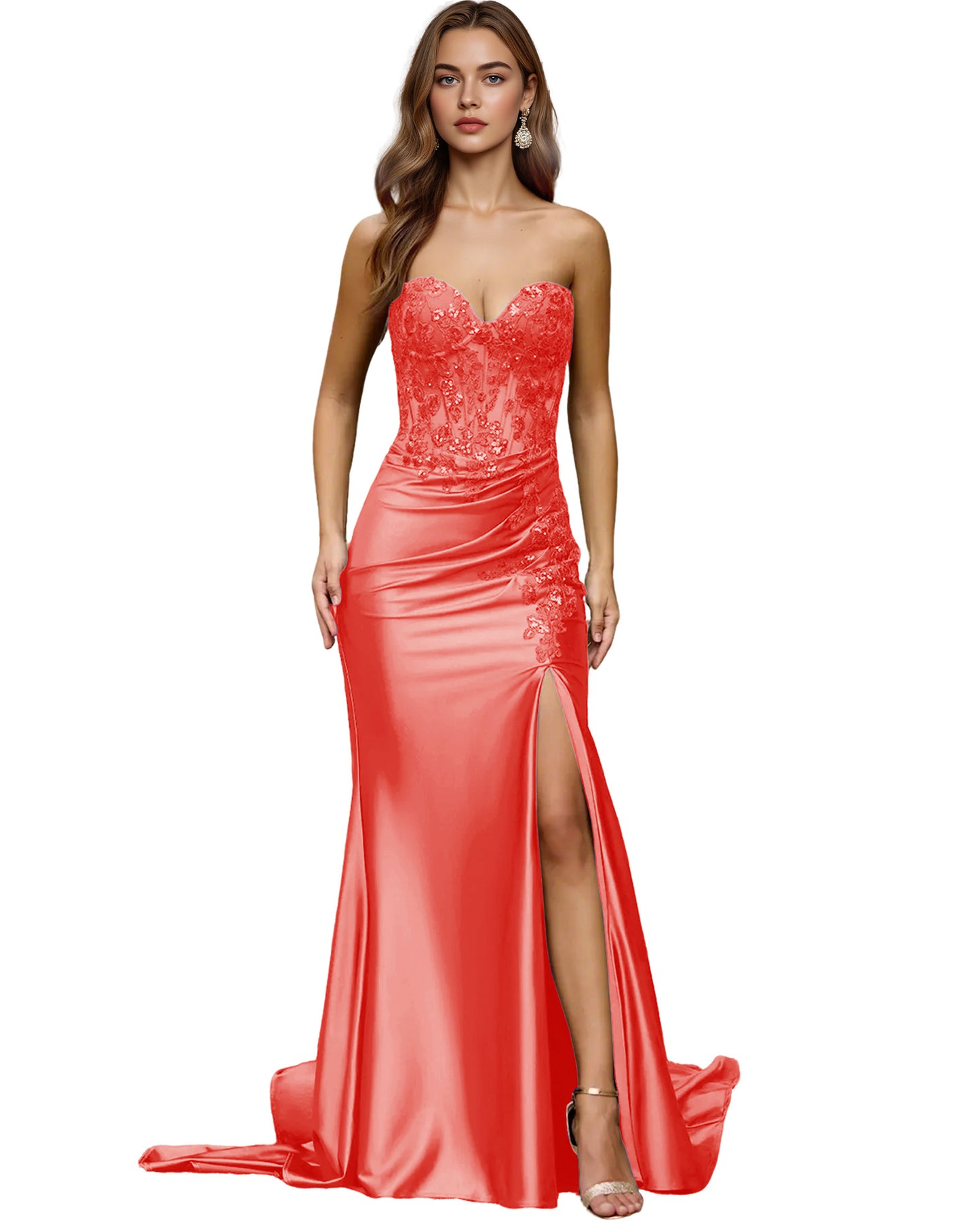 Strapless Emerald Satin Mermaid Prom Dress with Beaded Bodice and Slit