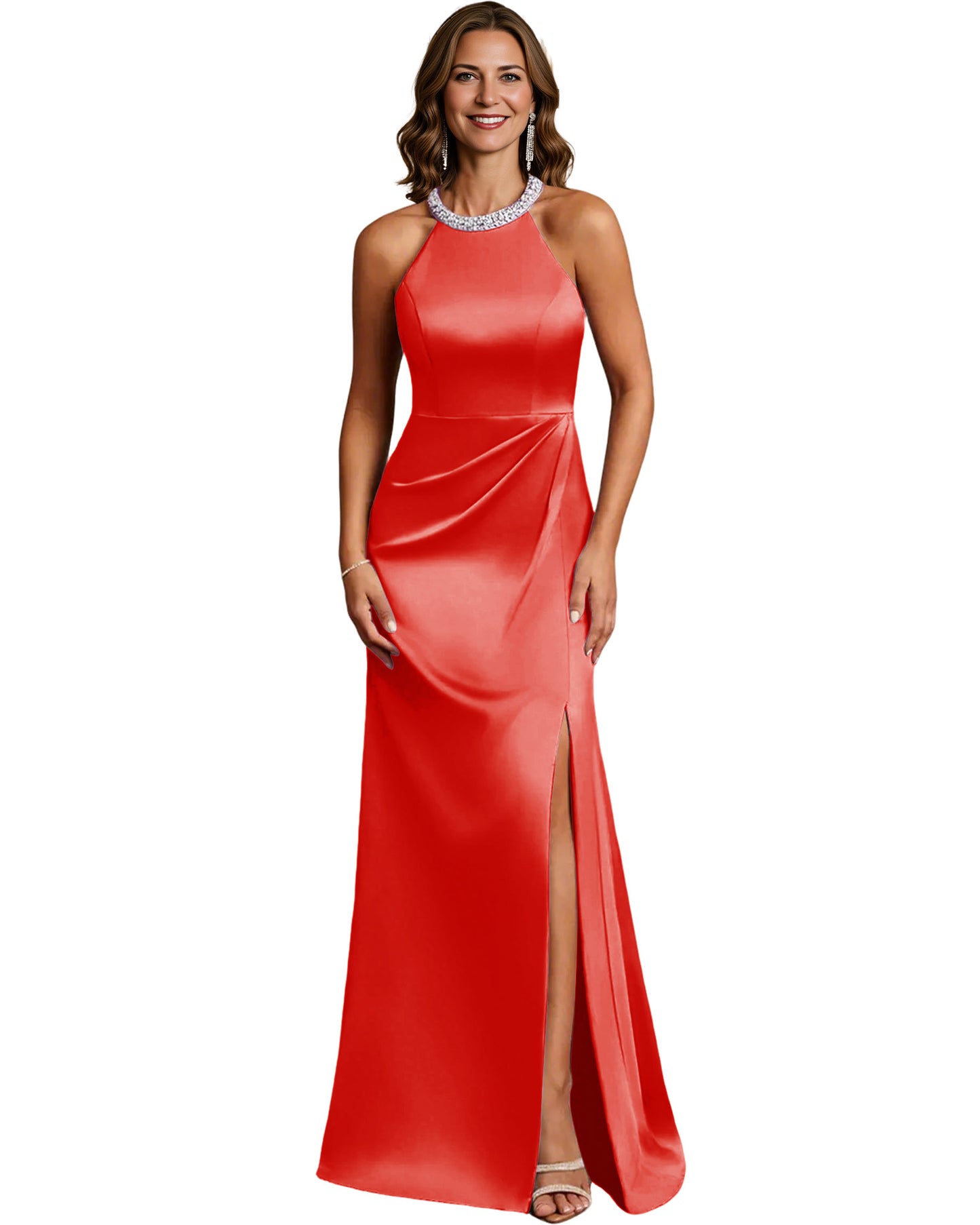 Halter Neck Mother of the Bride Dress Satin Mermaid Gown with Beaded Collar and Slit