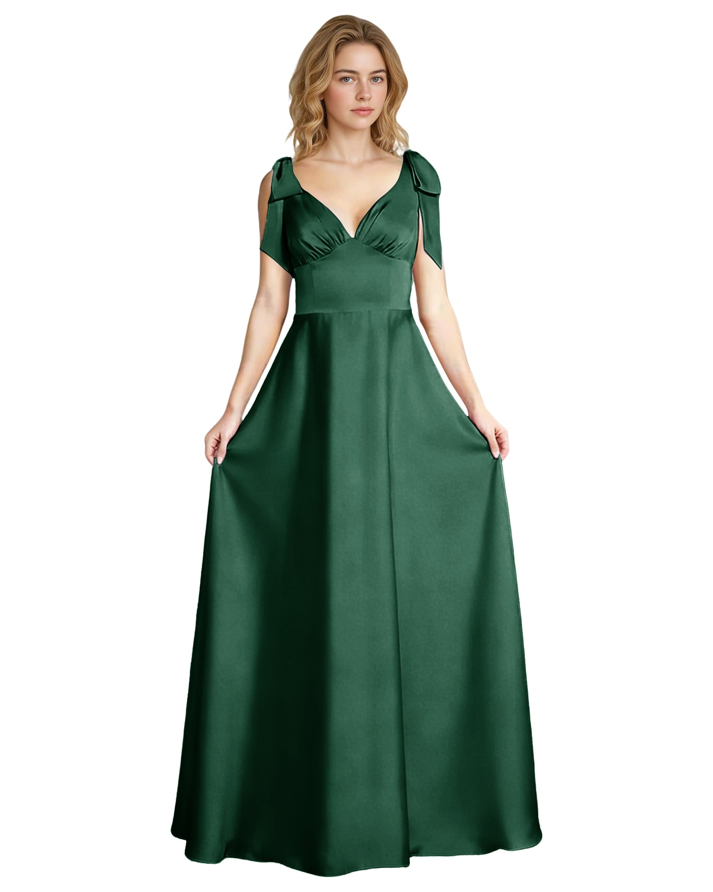 V-Neck Bow Strap Satin Bridesmaid Dress with Empire Waist