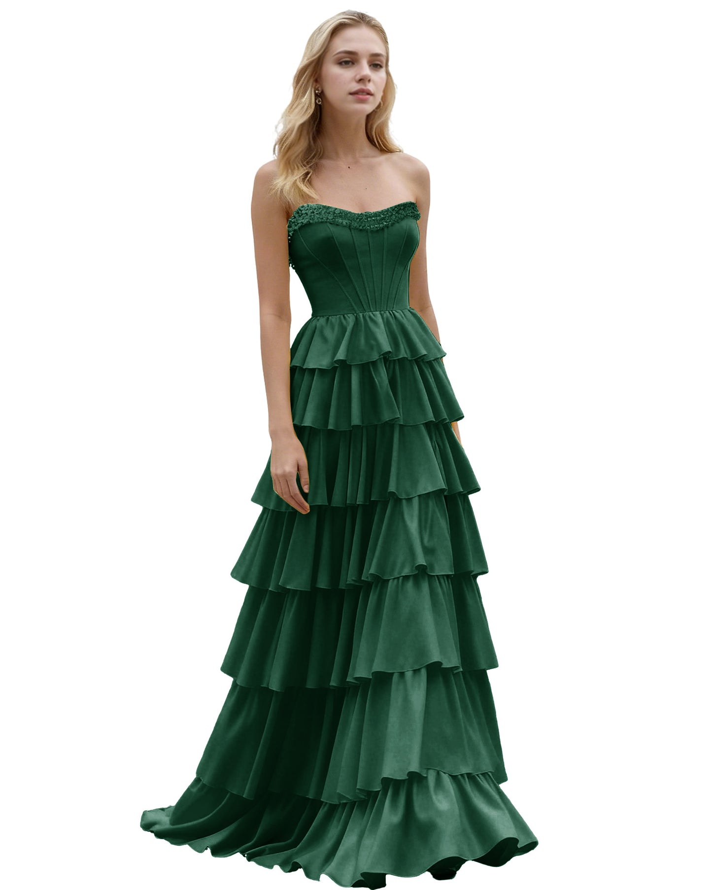 Strapless Tiered Ruffle A-Line Prom Dress with Corset Bodice