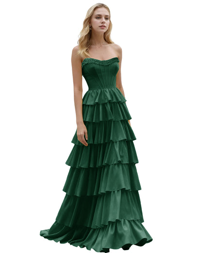 Strapless Tiered Ruffle A-Line Prom Dress with Corset Bodice