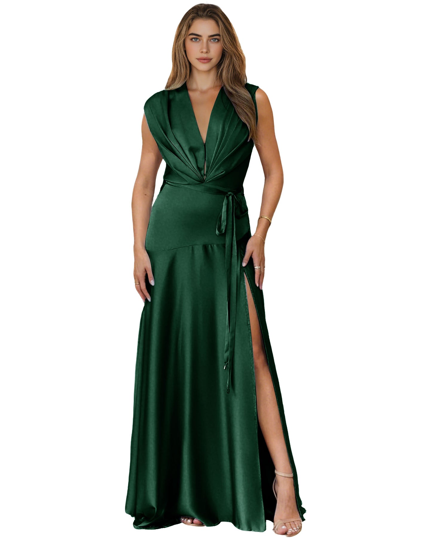 Plunging V-Neck Satin A-Line Prom Dress with Wrap Waist and Slit