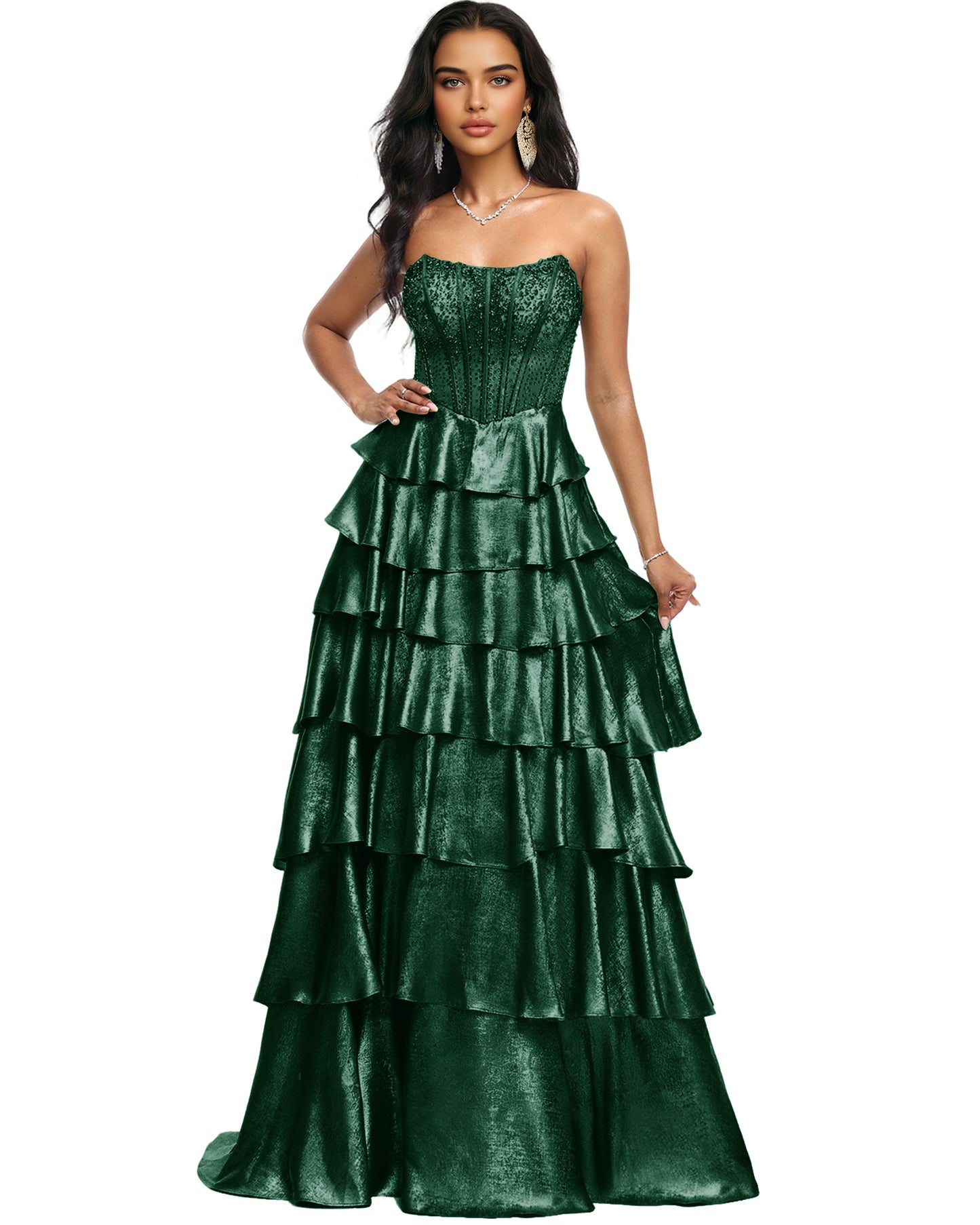 Strapless Tiered Sequin A-Line Prom Dress with Ruffle Layers