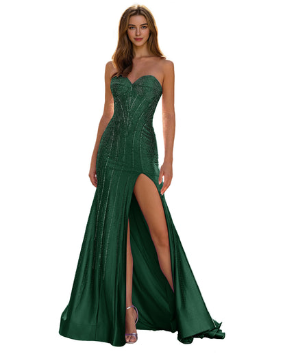 Strapless Sequin Column Prom Dress with Side Slit and Sweep Train